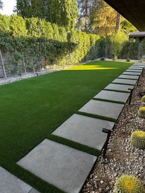 Turf With Rock Border, Turf In Front Yard, Astro Turf Patio, Astroturf Courtyard, Turf With Pavers, Turf Side Yard, Turf Pathway, Front Yard Turf Landscaping Ideas, Turf Backyard Ideas Play Areas