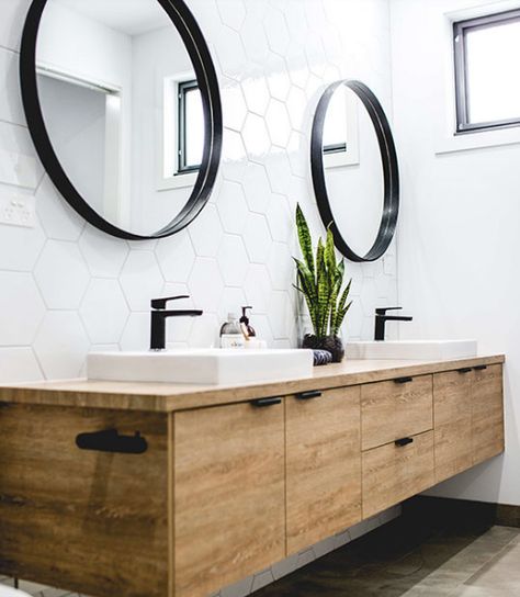 Wood look laminex bathroom with black taps, handles and mirrors. Black Taps In Bathroom, Black Bathroom Taps Interior Design, Bathroom With Black Taps, Bathroom Tap Ideas, Black Tap Bathroom, Black Wood White Bathroom, Oak And Black Bathroom, Black Tapware Bathroom, Black And Oak Bathroom