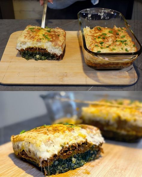 Spinach and Ground Beef Potato Bake with Cheese Ground Beef Spinach Recipe, Beef Spinach Recipe, Ground Beef Spinach, Ground Beef And Spinach, Week Meals, Spinach Casserole, Baked Chicken Drumsticks, Puff Pastry Filling, Potato Bake