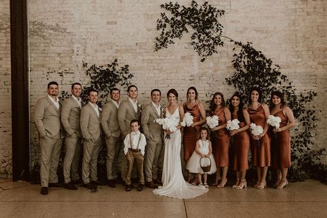 Wedding Party Photos Fall, Copper Wedding Party Attire, Cream Brown Wedding Theme, Wedding Party Fall Attire, Brown Tux Wedding Party, Tan And Brown Wedding Theme, Groomsmen Attire May Wedding, Tan Suit Groomsmen Groom Attire, Brown Wedding Colors Groomsmen