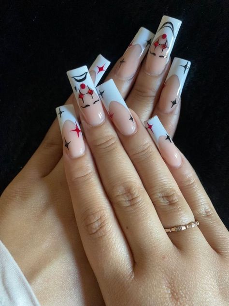 Street Nails Designs, White Cartoon Nails, Euphoria Acrylic Nails, Square Acrylic Nails Halloween, Laugh Now Cry Later Nails, Nails Chicana, White Frenchies Nails, Smile Now Cry Later Design, Summer French Tip Nails Almond