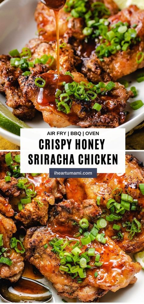 Honey Sriracha Chicken with super crispy skin and keto honey sriracha sauce! This hot honey chicken recipe is so easy to make and crazy good! #chickenrecipes #bbq #bbqrecipes #ketorecipes #summerrecipes #grilling #airfryerrecipes Hot Honey Chicken Recipe, Honey Siracha Chicken, Keto Honey, Umami Recipes, Chicken Air Fryer, Crispy Honey Chicken, Pegan Recipes, Honey Sriracha Sauce, Hot Honey Chicken