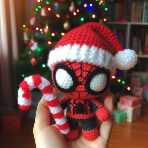 Crochet a festive Christmas Spider amigurumi with a Santa hat and candy cane. Perfect for holiday décor or as a fun gift for superhero fans. Christmas Spider, Crochet Santa, Crochet Christmas, Festive Holiday, Christmas Crochet, Amigurumi Crochet, Santa Hat, Festive Christmas, Holiday Festival