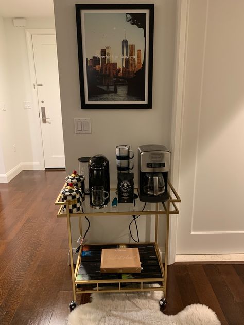 Coffee Cart Bedroom, In Room Coffee Bar, Bar Cart For Coffee, Nespresso Coffee Cart, Coffee Corner Bar Ideas, Espresso Bar Cart, Coffee Bar For Bedroom, Portable Coffee Bar Ideas, Coffee Spot At Home