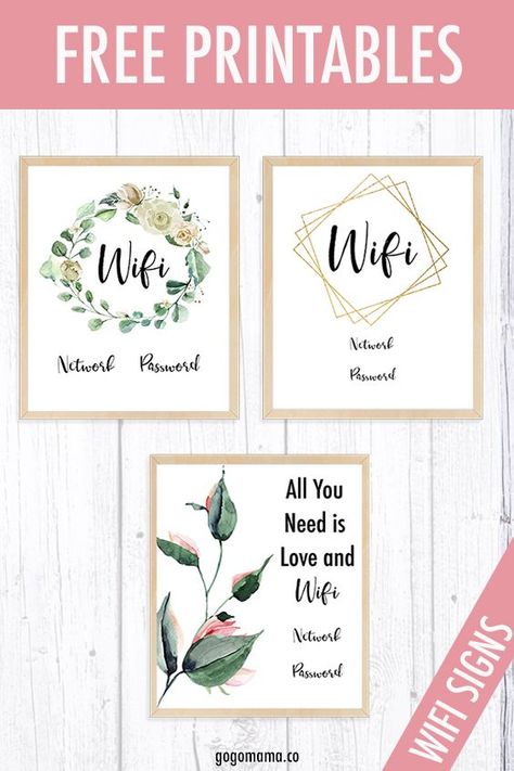 These WIFI printables are perfect for any home or office that are looking for an easy way to allow guests to their internet. The WIFI signs come in three different designs and are offered in 8x10, 5x7 and 4x6. Simply add your WIFI network and password, print, trim and frame.   #freeprintables #WIFIprintable Guest Wifi Sign Free Printable, Diy Wifi Password Sign, Wifi Signs For Guests, Wi Fi Password Sign, Guest Wifi Sign, Wifi Password Sign Printable, Wifi Password Printable, Printable Signs Free, Guest Room Essentials