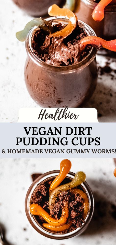 These vegan dirt pudding cups are the perfect healthy Halloween treat! Even the gummy worms, which are made entirely vegan and from fruit and veggie juice. With a rich vegan and dairy free chocolate pudding, topped with vegan chocolate cookie crumbs and filled with homemade veggie gummy warms, these healthier dirt pudding cups are easy, dairy free, gluten free, and fun for kids! Dairy Free Halloween Recipes, Dairy Free Chocolate Pudding, Paleo Chocolate Pudding, Vegan Halloween Desserts, Worm Cake, Dirt Cups Recipe, Dirt Pudding Cups, Pudding Cup Recipes, Gluten Free Halloween Treats