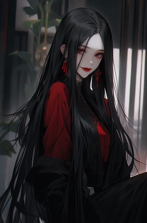 Black Hair And Red Eyes, Long Black Hair, Digital Art Anime, Fantasy Dress, Arte Fantasy, 영감을 주는 캐릭터, Red Eyes, Dark Anime, Cute Anime Pics