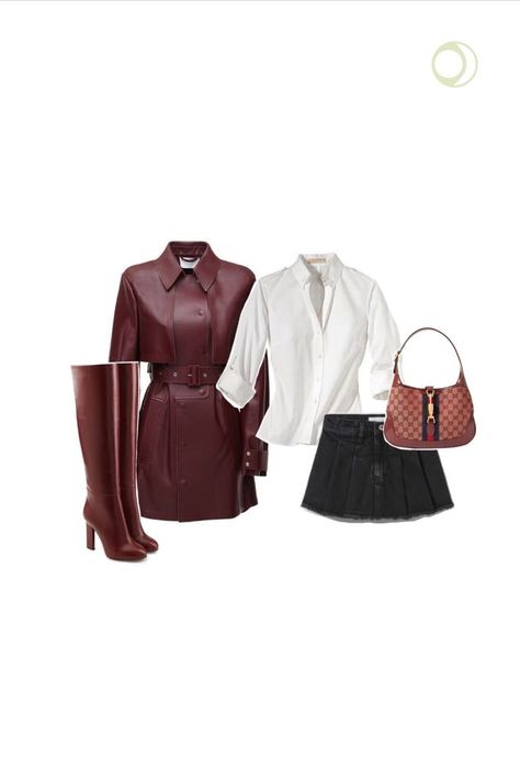 A black denim pleated skirt, a white shirt and Victoria Beckham Leather Knee Boots in a burgundy color are paired together. Yet, the star of the show is the short burgundy Sportmax Leather trench coat! To finish it all of a Gucci Jackie monogram-pattern shoulder bag is added. Short Trench Coat Outfit, Ruby Outfit, Denim Pleated Skirt, Short Trench Coat, Leather Knee Boots, Leather Trench, Leather Trench Coat, Burgundy Color, Victoria Beckham