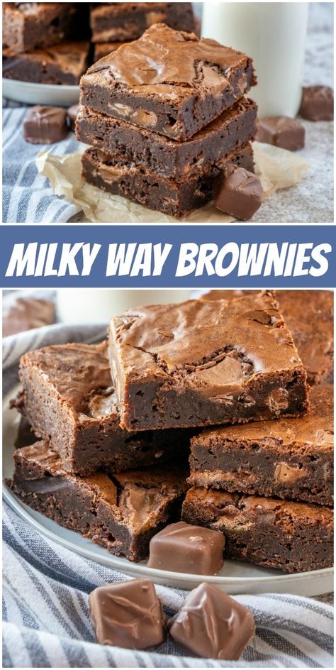 Milky Way Brownies recipe from RecipeGirl.com #milky #way #candy #bar #milkyway #candybar #candybars #brownie #browies #recipe #RecipeGirl Milkyway Desserts, Milky Way Brownies Recipe, Milky Way Brownies, Milky Way Candy Bar, Milky Way Candy, Confectionary Recipes, Yummy Brownies, Chocolate Goodies, Patty Cake