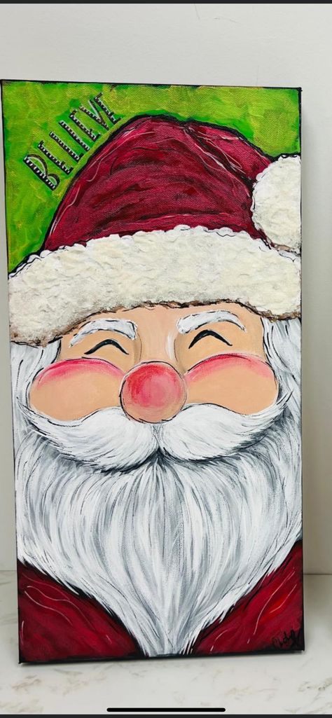 Santa Claus Canvas Painting Easy, Santa Paintings Easy, Tricia Robinson Art, Christmas Painted Canvas, Santa Canvas Painting Easy, Acrylic Valentine Paintings, Easy Holiday Painting, Christmas Sip And Paint Ideas, Christmas Paintings For Kids