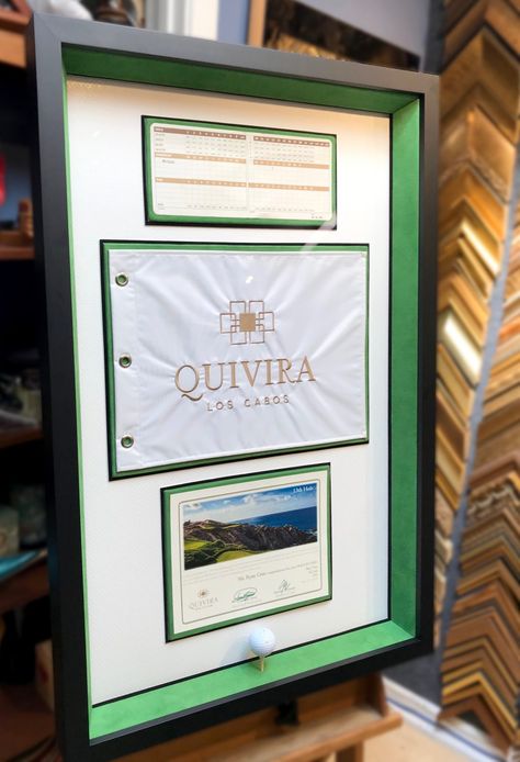 Framing the Ultimate Hole-in-One Golf Ball, Certificate, Flag and Scorecard - Jacquez Art & Custom Framing Golf Flag Display, Sports Memorabilia Display, Golf Ball Displays, Golf Trophies, Golf Flag, Golf Room, Best Jersey, Golf Decor, Flag Display