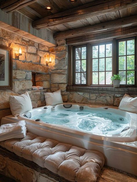 Bathroom With Jacuzzi Tub Ideas, Knotty Pine Bathroom, Jacuzzi Tub Bathroom Decor, Rustic Showers, Pine Bathroom, Jacuzzi Tub Bathroom, Creative Bathroom Design, Neutral Bedroom Design, Beam Ceiling