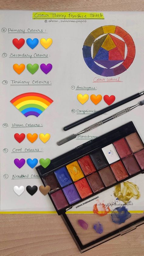 A must-have visual guide for makeup artists and beauty enthusiasts! Discover the secrets of color theory with this handy color wheel and reference chart. 💄

On one side, you'll find a beautifully drawn color wheel, offering a snapshot of primary, secondary, and tertiary colors. Explore the world of warm, cool, neutral shades, and harmonious analogs at a glance with vibrant color emojis.

But it's not just for show! You can download this image to keep on your phone – for reference Color Theory For Makeup Artists, Color Wheel For Makeup, Color Theory Makeup, Colour Wheel Theory, Advanced Makeup, Makeup Color Wheel, Lipstick Palette, Colour Wheel, Makeup Course