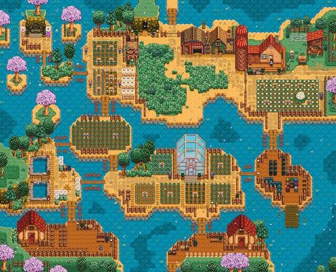 River Land Farm Stardew Valley, Stardew Valley River Land Farm Layout, River Farm Stardew, Stardew Valley Riverland Farm Layout Cute, Star Dew Valley Farm Layouts River, Riverside Farm Stardew, Stardew Valley Water Farm Layout, Stardew Valley Lake Farm Layout, Stardew Valley Fishing Farm Layout