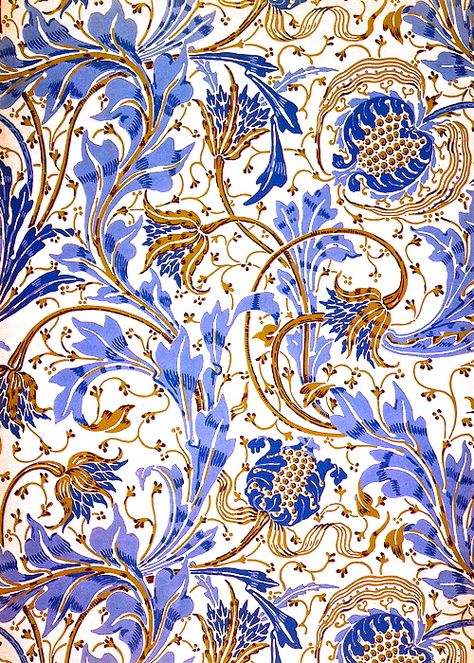 Walter Crane, Pomegranate and Teazle design, 1894 blue white gold brown Walter Crane, Motif Art Deco, Art Deco Pattern, Arts And Crafts Movement, Kirigami, Fabric Wall, Pics Art, Blue And Gold, Textile Patterns