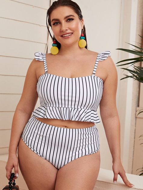 Plus Striped Ruffle High Waisted Bikini Swimsuit | SHEIN USA Summer Bikinis Shein, Swimsuit Shein, High Waisted Tankini, Ruffle Trim Top, Goth Wallpaper, Ladies Wear, Body Positive, Trim Top, Plus Size Swimsuits