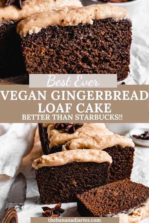 This oil free vegan gingerbread loaf cake is full of holiday flavor and tastes just like the Starbucks version but with 1/3 of the sugar! Vegan Gingerbread Loaf, Gingerbread Loaf Cake, Banana Diaries, Vegan Gingerbread Cookies, Gingerbread Loaf, Dreamy Desserts, Vegan Gingerbread, Paleo Foods, Vegan Baking Recipes