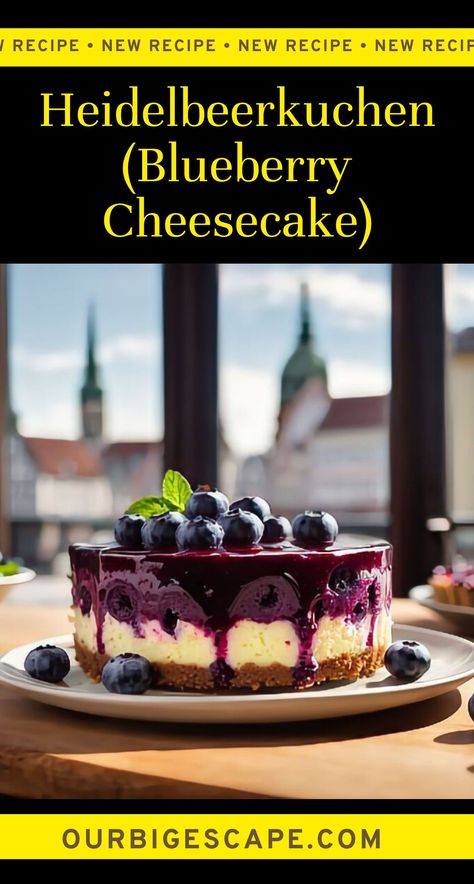 The Heidelbeerkuchen (Blueberry Cheesecake) Recipe is a traditional German dessert that combines the creamy richness of cheesecake with the vibrant flavor of blueberries. This dessert is known for its delightful marriage of sweet and tangy tastes, creating a satisfying treat for those with a sweet tooth. Traditional German Desserts, German Dessert, Swiss Food, Blueberry Delight, Blueberry Cheesecake Recipe, German Cooking, Amazing Food Platters, German Desserts, Blueberry Topping