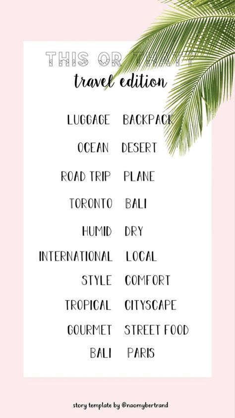 insta story template travel edition This Or That Vacation Edition, Question Template, Pinterest Games, Instagram Polls, Insta Story Template, Travel Agent Career, Girls Sleepover Party, Story Questions, English Club