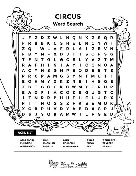 Free printable circus word search. Download it at https://museprintables.com/download/word-search/circus/ Circus Worksheets, Circus Word Search, Substitute Teacher Tips, Summer Puzzle, Circus Activities, Printable Puzzles For Kids, Kids Word Search, Free Word Search Puzzles, Free Word Search