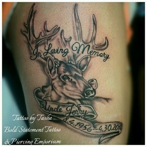 Deer hunting memorial tattoo Grandpa Hunting Tattoos, Deer Antler Memorial Tattoo, Deer Memorial Tattoo Grandpa, Hunting Memorial Tattoos For Grandpa, Hunting Memorial Tattoos, Deer Memorial Tattoo, Bow Hunting Tattoos, Dean Tattoo, Deer Hunting Tattoos