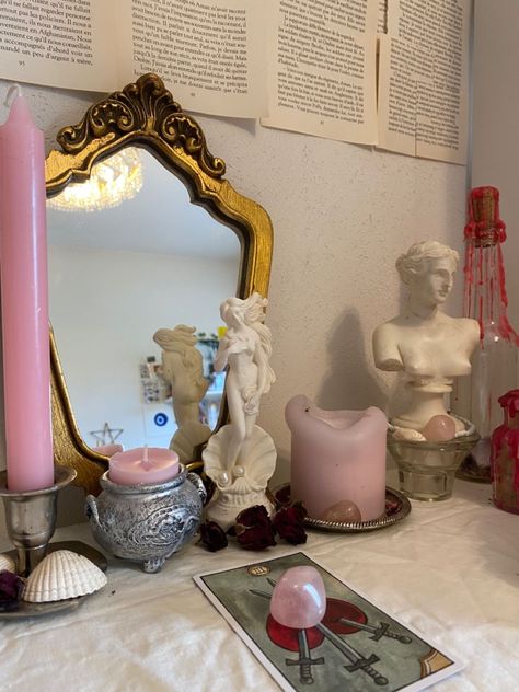 Love Witch Aesthetic Bedroom, Aphrodite Aesthetic Bedroom, Worshiping Aphrodite, Aphrodite Alter Ideas, Altar For Aphrodite, Aphrodite Offering Jar, Aphrodite Altar Aesthetic, How To Worship Aphrodite, Altar Aphrodite