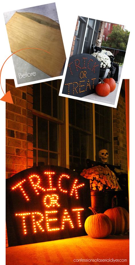 DIY Lighted Halloween Sign | Confessions of a Serial Do-it-Yourselfer Halloween Fence Decor, Halloween Signs And Sayings, Halloween Lights Diy, Halloween Window Decor, Stamp Scrapbook, Treat Or Trick, Halloween Signs Diy, Halloween Lighting Outdoor, Trick Or Treat Sign