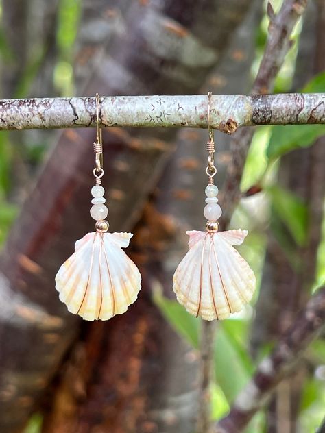 "These earrings are made with 15 mm Hawaiian Sunrise Shells that were collected from the North Shore of Oahu that are very light yellow, white with just a hint of pink. Accented with 3 mm faceted round cut Moonstone, 2 mm smooth round yellow Jade, 1 x 2 mm white Freshwater button Pearls and 2 mm high polished round rose gold fill beads. They measure 1 1/2\" in total length, are finished with ear wires and are made with 14/20 Rose Gold Fill. You will receive the item in these photographs.  Please Hawaiian Shell Necklaces, She’ll Earrings, Photograph Jewelry, Sunrise Shell, Yellow Jade, Pearl Rose, Seashell Jewelry, Handmade Jewelry Tutorials, Seashell Crafts