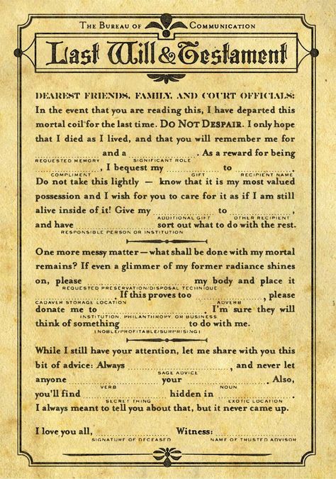 Last Will and testament Fill in the blanks from the Formal Notices Bureau of Communication -  They have a lot of these fun forms, one for every occasion or eventuality. Funny Awards Certificates, Funny Certificates, Funny Awards, Estate Planning Checklist, Emergency Binder, Last Will And Testament, Will And Testament, My Wish For You, Say I Love You