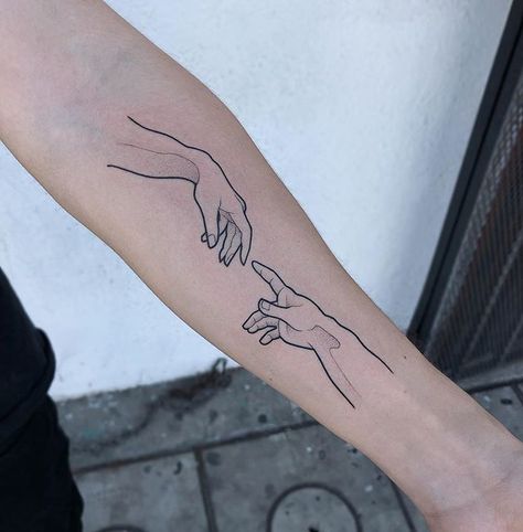 Fingers Reaching Out Tattoo, Tattoo Of Hands Reaching, Two Hands Reaching Tattoo, Reaching Hand Tattoo, Reaching Hands Tattoo, Hands Reaching Tattoo, Hand Reaching Out Tattoo, Two Fingers Touching Tattoo, Reaching Out Tattoo