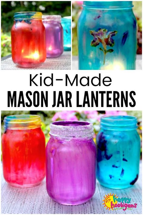 Mason Jar Lanterns for kids to make with white glue and food colouring. These colourful lanterns make a lovely homemade ornament for your backyard or a great gift for kids to make for parents, grandparents and teachers.#HappyHooligans #Homemade #CraftyKids #KidsArt #KidsCrafts #MasonJars #MasonJar #Crafts #CampCrafts  #BackYardOrnaments #HomemadeGifts Mason Jar Lanterns, Diy Hanging Shelves, Jar Lanterns, Wine Bottle Diy Crafts, Mason Jar Crafts Diy, How To Make Lanterns, Wine Bottle Diy, Mason Jar Lighting, Wine Bottle Crafts