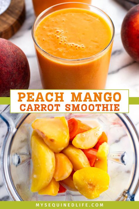 A peach mango carrot smoothie in a glass and with the ingredients added to a blender before pureeing. Frozen Mango Smoothie Recipes, Smoothie Without Milk, Peach Mango Smoothie, Baby Smoothies, Carrot Smoothie, Peach Smoothie, Juice Smoothies Recipes, Smoothies Recipes, Mothers Day Brunch