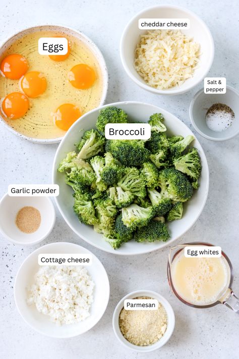 These broccoli cheddar egg bites are packed with protein from cottage cheese and egg whites, as well as veggies! They are the perfect delicious breakfast to meal prep and reheat throughout the week. Brocolli Egg Bites, Cottage Cheese And Broccoli, Egg White Muffins With Cottage Cheese, Broccoli Cheese Egg Bites, Broccoli And Egg Recipes, Broccoli Cheddar Egg Bites, Cottage Cheese And Egg Whites, High Protein Egg Bites Cottage Cheese, Egg White Bites With Cottage Cheese