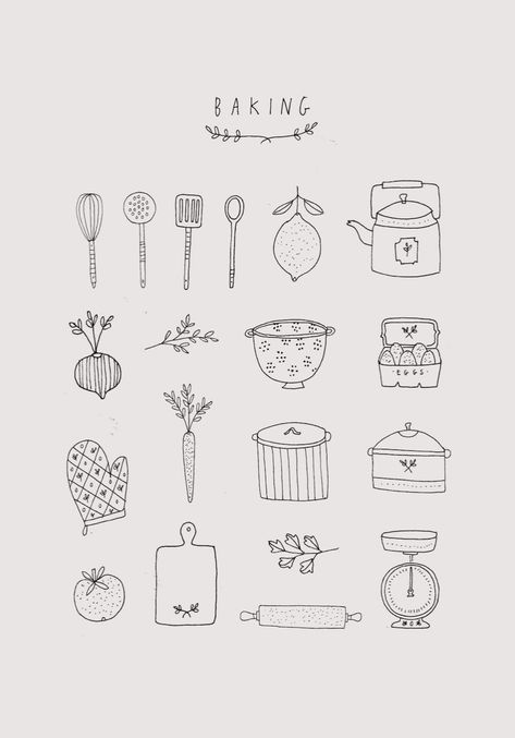 Baking Illustration Drawings, Baking Book Design, Recipe Journal Ideas Layout, Bake Illustration, Cooking Doodles, Baking Doodles, Aesthetic Recipe Book, Tattoo Kitchen, Baking Illustration