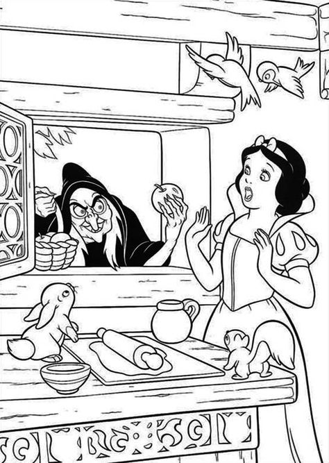 Window Coloring Page, Snow White Drawing, Snow White Cartoon, Snow White Fairytale, Snow White Coloring Pages, Snow White Evil Queen, Sette Nani, Witch Coloring Pages, Princess Coloring Pages