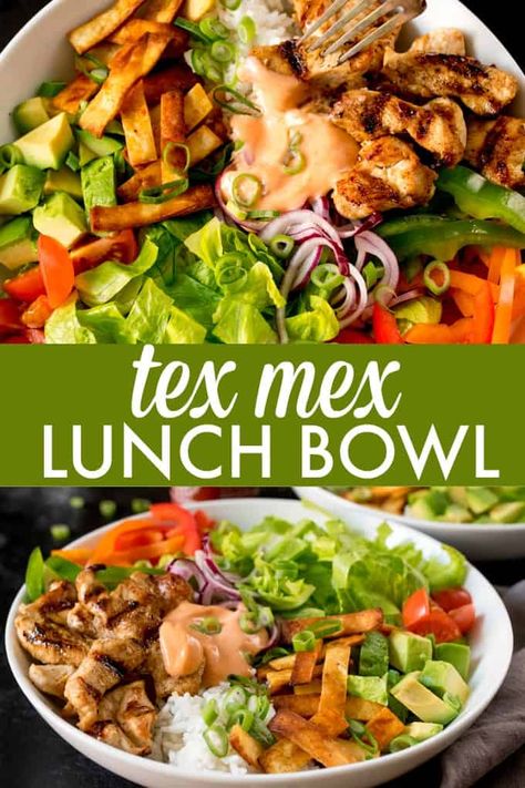 Tex Mex Lunch Bowl - Simply Stacie Burrito Toppings, Creamy Chili, Lunch Bowl Recipe, Bowl Meals, Chicken Fresh, Spicy Salad, Salad With Chicken, Lunch Bowl, Healthy Bowls