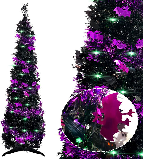 Mini Halloween Tree, Pop Up Christmas Tree, Pencil Tree, Purple Christmas Tree, Tinsel Christmas Tree, Pencil Trees, Bat Pattern, Halloween Tree, Lights Black