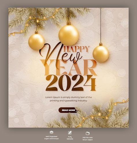 New Year Social Media Post, 2024 Celebration, Happy New Year Poster, Decoration Event, Social Media Post Design, Happy New Year 2024, Year 2024, Post Design, Banner Template