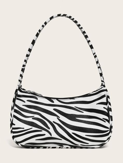 Zebra Print Baguette Bag | SHEIN USA Black And White Bags, Trendy Purses, Unique Handbags, Fancy Bags, Bags Aesthetic, Pretty Bags, Baguette Bag, Designer Shoulder Bags, Mini Shoulder Bag