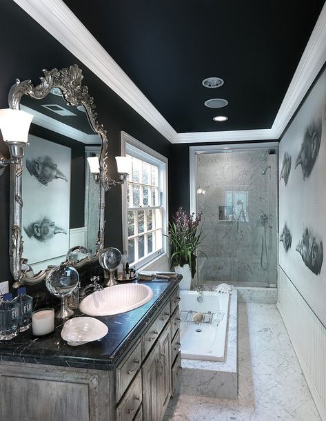 Dark ceiling gives the narrow bathroom a cozy, refined ambiance [Design: Philip Nimmo Design] Bathroom Ceiling Paint, Ceiling Paint Colors, Black And White Tiles Bathroom, Dark Ceiling, Bathroom Design Black, Dark Blue Walls, Blue Ceilings, White Bathroom Tiles, Colored Ceiling