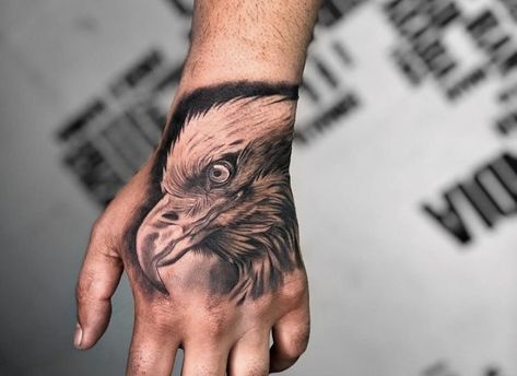 Hand Tattoos Eagle, Eagle Hand Tattoo, Egal Tattoo, Eagle Tattoo On Hand, Tiger Hand Tattoo, Meaningful Tattoos For Men, Side Hand Tattoos, Colour Tattoo For Women, Eagle Face