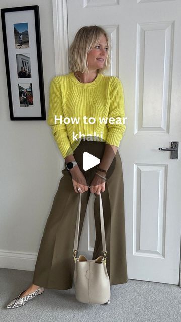 Claire Lopez on Instagram: "Khaki …  It’s one of the colours (along with 🍇 tones ) that is everywhere in the shops this season so I thought I’d show you some of the colours you can pair it with, using pieces from my wardrobe and one or two new bits.   Watch to the end to see all the options I’ve put together and let me know which is your favourite colour combo? 🌈  If you weren’t sure how to wear then hopefully this will give you lots of ideas on pairings. Obviously there are lots more but I was just limited by what I had in my wardrobe! 📌📌📌 for outfit inspo and another great workwear trouser option for those of you after work ideas with various outfit ideas too.   Links to current will be on stories along with try ons of all things khaki and saved in my September highlight.  Also look What Matches With Brown, Slacks And Sweater Outfit, Khaki Trouser Outfit Women, Summer To Fall Transition Outfits Work, Smart Casual Fall Outfits, Khaki Trousers Outfit, Yellow Pants Outfit, Leopard Kitten, Smart Dressing