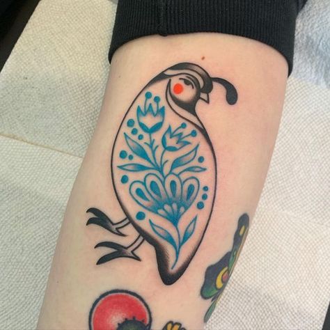 Partridge Tattoo Design, Small Quail Tattoo, Quail Tattoo Ideas, American Traditional Quail Tattoo, Quail Tattoo Simple, Partridge Tattoo, Quarter Tattoo, Mallard Tattoo, California Quail Tattoo