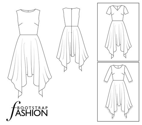 You can sew our handkerchief dress sewing pattern in so many different ways! It comes with 3 neckline options and can be sewn with long, short or no sleeves! #dresspattern #bootstrapfashion #dress #sewing #sewingpattern #asymmetric Handkerchief Dress Pattern Free, Handkerchief Dress Pattern, Hankerchief Dress, Plus Size Sewing Patterns, Plus Size Sewing, Handkerchief Hem Dress, Girls Long Dresses, Dress Patterns Free, Flat Sketches