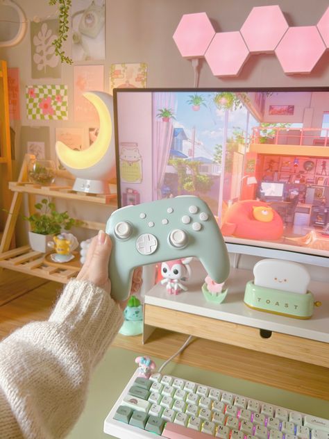 Mint Gaming Setup, Cozy Gamer Room Aesthetic, Soft Gaming Aesthetic, Nintendo Switch Gaming Setup, Gaming Aesthetic Girl, Cute Gaming Set Up, Cozy Gamer Girl Aesthetic, Girly Gaming Room, Cosy Gaming Setup