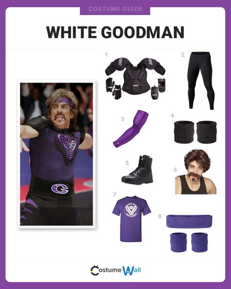 The best costume guide for dressing up like White Goodman the owner of Globo Gym played by Ben Stiller in DodgeBall: A True Underdog Story. Dodge Ball Costume Ideas, Dodgeball Movie Costumes, Diy Dodgeball Costume, White Goodman Costume, Globo Gym Dodgeball Costume, Dodge Ball Costume, Dodgeball Halloween Costume, Dodgeball Costume, Gym Costume