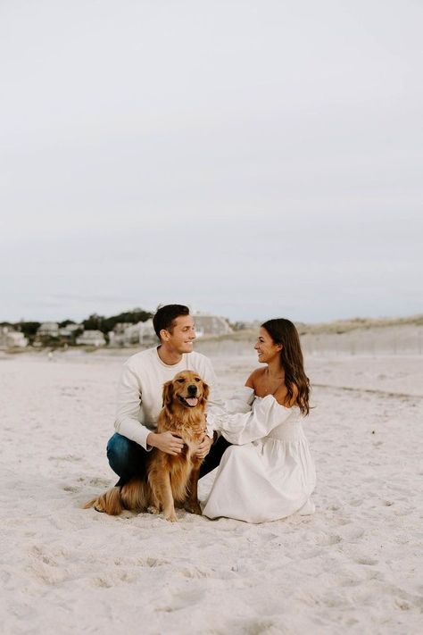 Classic Beach Engagement Photos, Engagement Photoshoot Ideas Beach With Dog, Beach Engagement Shoot With Dog, Couple And Dog Photoshoot Beach, Beach Engagement Shoot Ideas, Engagement Photos Outfits Summer Beach, Nantucket Engagement Photos, Beach Pictures Engagement, Beach Engagement Pics