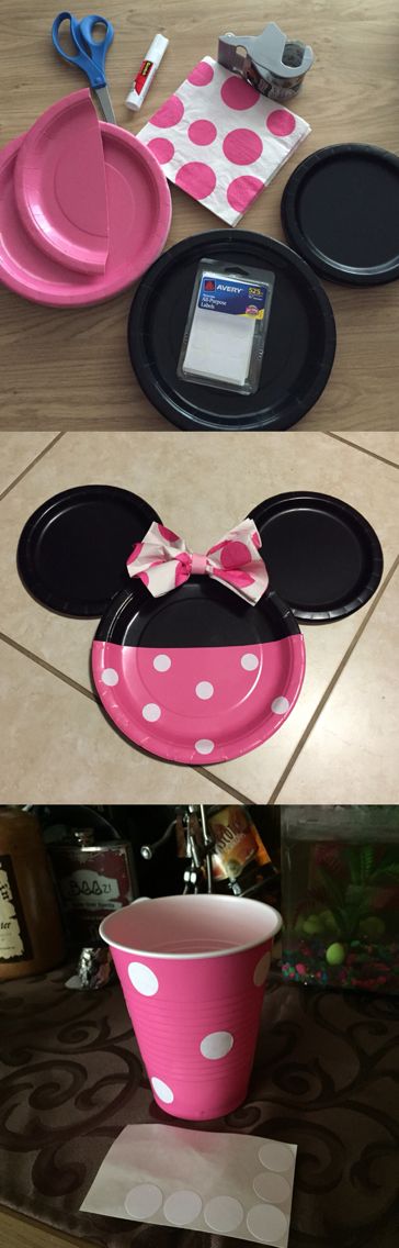 DIY Minnie Mouse Decor Diy Minnie Mouse Backdrop, Minnie Mouse Party Favors Diy, Diy Minnie Mouse Birthday Decorations, Minnie Mouse Diy Decorations, Diy Minnie Mouse Decorations, Minnie Plates, Minney Mouse, Minnie Mouse Plates, Mouse Diy