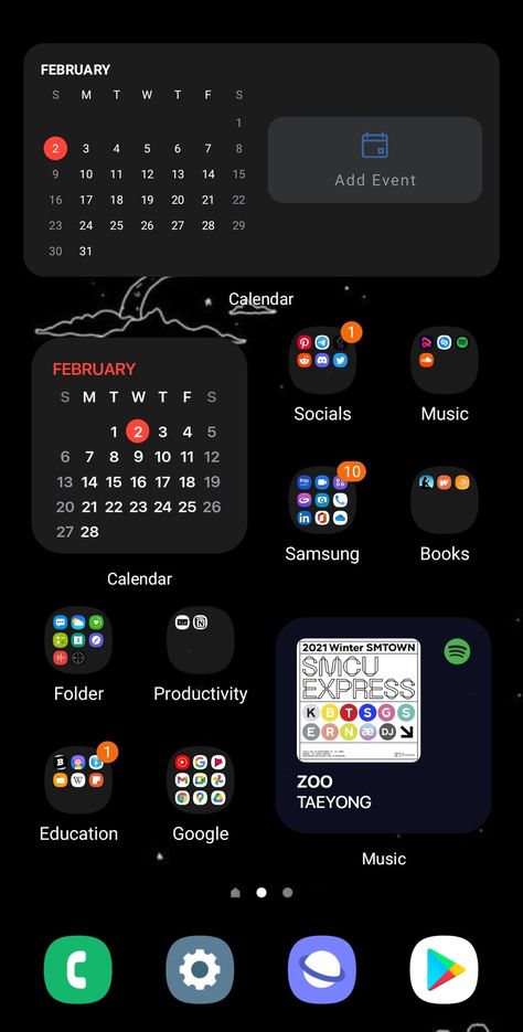 Homescreen idea #android Infinix Phone Organization Ideas, Phone Theme Ideas Android, Android Home Screen Ideas, Android Homescreen Ideas, Homescreen Layout Android, Android Homescreen Layout Ideas, Organizing Apps, Samsung Homescreen Layout Ideas, Infinix Phones