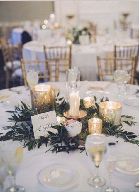 simple centerpieces with greenery and gold mercury glass candles Mercury Glass Centerpiece, Mercury Glass Wedding, Malibu Wedding, Boda Mexicana, Glass Centerpieces, Wedding Table Settings, Wedding Table Centerpieces, Deco Table, Mercury Glass